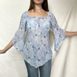 2000s Floral Handkerchief Hem Belle Sleeve Top Fairy Whimsy Dainty Feminine Y2K